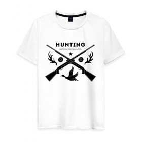 Мужская футболка хлопок с принтом Hunting. Natural Born Hunter в Курске, 100% хлопок | прямой крой, круглый вырез горловины, длина до линии бедер, слегка спущенное плечо. | hunter | natural born hunter | звезда | оружие | охота | охотник | птица | рога | ружье | селезень | трофей | утка | хобби