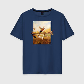 Женская футболка хлопок Oversize с принтом Охота на фазанов в Курске, 100% хлопок | свободный крой, круглый ворот, спущенный рукав, длина до линии бедер
 | живопись | осень | охота | охотник | пес | птицы | рисунок | собака | фазаны | хобби