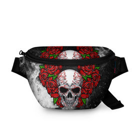 Поясная сумка 3D с принтом Skull and Roses в Курске, 100% полиэстер | плотная ткань, ремень с регулируемой длиной, внутри несколько карманов для мелочей, основное отделение и карман с обратной стороны сумки застегиваются на молнию | flowers | muertos | roses | skull | space | tribal | звезды | космос | лепестки | муэртос | розы | трайбл | цветы | череп