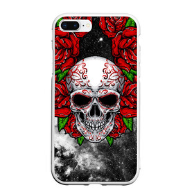 Чехол для iPhone 7Plus/8 Plus матовый с принтом Skull and Roses в Курске, Силикон | Область печати: задняя сторона чехла, без боковых панелей | flowers | muertos | roses | skull | space | tribal | звезды | космос | лепестки | муэртос | розы | трайбл | цветы | череп