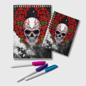 Блокнот с принтом Skull and Roses в Курске, 100% бумага | 48 листов, плотность листов — 60 г/м2, плотность картонной обложки — 250 г/м2. Листы скреплены удобной пружинной спиралью. Цвет линий — светло-серый
 | Тематика изображения на принте: flowers | muertos | roses | skull | space | tribal | звезды | космос | лепестки | муэртос | розы | трайбл | цветы | череп