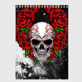 Скетчбук с принтом Skull and Roses в Курске, 100% бумага
 | 48 листов, плотность листов — 100 г/м2, плотность картонной обложки — 250 г/м2. Листы скреплены сверху удобной пружинной спиралью | flowers | muertos | roses | skull | space | tribal | звезды | космос | лепестки | муэртос | розы | трайбл | цветы | череп