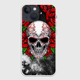 Чехол для iPhone 13 mini с принтом Skull and Roses в Курске,  |  | flowers | muertos | roses | skull | space | tribal | звезды | космос | лепестки | муэртос | розы | трайбл | цветы | череп