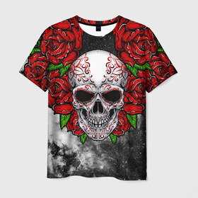 Мужская футболка 3D с принтом Skull and Roses в Курске, 100% полиэфир | прямой крой, круглый вырез горловины, длина до линии бедер | flowers | muertos | roses | skull | space | tribal | звезды | космос | лепестки | муэртос | розы | трайбл | цветы | череп