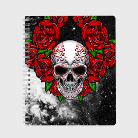 Тетрадь с принтом Skull and Roses в Курске, 100% бумага | 48 листов, плотность листов — 60 г/м2, плотность картонной обложки — 250 г/м2. Листы скреплены сбоку удобной пружинной спиралью. Уголки страниц и обложки скругленные. Цвет линий — светло-серый
 | flowers | muertos | roses | skull | space | tribal | звезды | космос | лепестки | муэртос | розы | трайбл | цветы | череп