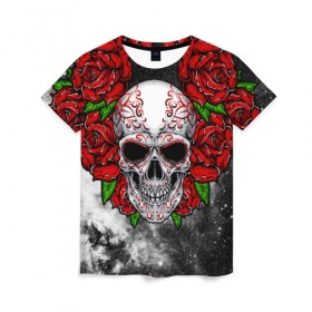 Женская футболка 3D с принтом Skull and Roses в Курске, 100% полиэфир ( синтетическое хлопкоподобное полотно) | прямой крой, круглый вырез горловины, длина до линии бедер | flowers | muertos | roses | skull | space | tribal | звезды | космос | лепестки | муэртос | розы | трайбл | цветы | череп
