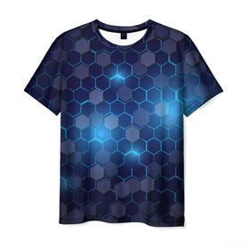Мужская футболка 3D с принтом Синие соты в неоне в Курске, 100% полиэфир | прямой крой, круглый вырез горловины, длина до линии бедер | Тематика изображения на принте: неон | неоновые соты | синие соты | соты