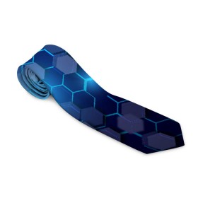 Галстук 3D с принтом Синие соты в неоне в Курске, 100% полиэстер | Длина 148 см; Плотность 150-180 г/м2 | неон | неоновые соты | синие соты | соты