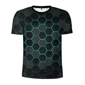 Мужская футболка 3D спортивная с принтом Big Octagon в Курске, 100% полиэстер с улучшенными характеристиками | приталенный силуэт, круглая горловина, широкие плечи, сужается к линии бедра | octagon | бирюзовый | неон | неоновые соты | соты