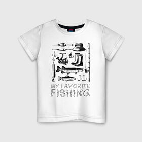 Детская футболка хлопок с принтом Моя любимая рыбалка в Курске, 100% хлопок | круглый вырез горловины, полуприлегающий силуэт, длина до линии бедер | cap | coil | fishing | fishing line | float | hook | pike | spinning | spoon | trout | wellingtons | блесна | катушка | крючок | леска | поплавок | рыбалка | сапоги | спиннинг | форель | шляпа | щука