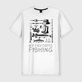 Мужская футболка премиум с принтом Моя любимая рыбалка в Курске, 92% хлопок, 8% лайкра | приталенный силуэт, круглый вырез ворота, длина до линии бедра, короткий рукав | cap | coil | fishing | fishing line | float | hook | pike | spinning | spoon | trout | wellingtons | блесна | катушка | крючок | леска | поплавок | рыбалка | сапоги | спиннинг | форель | шляпа | щука