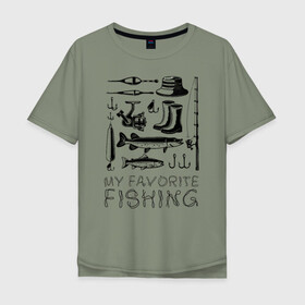 Мужская футболка хлопок Oversize с принтом Моя любимая рыбалка в Курске, 100% хлопок | свободный крой, круглый ворот, “спинка” длиннее передней части | Тематика изображения на принте: cap | coil | fishing | fishing line | float | hook | pike | spinning | spoon | trout | wellingtons | блесна | катушка | крючок | леска | поплавок | рыбалка | сапоги | спиннинг | форель | шляпа | щука