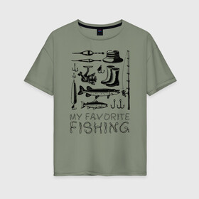 Женская футболка хлопок Oversize с принтом Моя любимая рыбалка в Курске, 100% хлопок | свободный крой, круглый ворот, спущенный рукав, длина до линии бедер
 | cap | coil | fishing | fishing line | float | hook | pike | spinning | spoon | trout | wellingtons | блесна | катушка | крючок | леска | поплавок | рыбалка | сапоги | спиннинг | форель | шляпа | щука