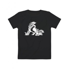 Детская футболка хлопок с принтом Monster Hunter: World в Курске, 100% хлопок | круглый вырез горловины, полуприлегающий силуэт, длина до линии бедер | dragon | game | hunter | logo | monster | world | дракон | драконы | игра | монстр | монстры | охотник
