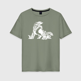 Женская футболка хлопок Oversize с принтом Monster Hunter: World в Курске, 100% хлопок | свободный крой, круглый ворот, спущенный рукав, длина до линии бедер
 | dragon | game | hunter | logo | monster | world | дракон | драконы | игра | монстр | монстры | охотник