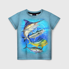 Детская футболка 3D с принтом Marlin and other fish в Курске, 100% гипоаллергенный полиэфир | прямой крой, круглый вырез горловины, длина до линии бедер, чуть спущенное плечо, ткань немного тянется | рыба | рыбак | рыбалка | снасти | увлечение | улов | хобби