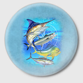Значок с принтом Marlin and other fish в Курске,  металл | круглая форма, металлическая застежка в виде булавки | рыба | рыбак | рыбалка | снасти | увлечение | улов | хобби