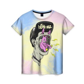Женская футболка 3D с принтом Punk-rock band Blink 182 в Курске, 100% полиэфир ( синтетическое хлопкоподобное полотно) | прямой крой, круглый вырез горловины, длина до линии бедер | blink | mark hoppus | matthew skiba | rock | rock group | travis barker | марк хоппус | мэттью скиба | панк рок. рок | рок группа | трэвис баркер