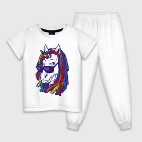 Детская пижама хлопок с принтом RastaUnicorn в Курске, 100% хлопок |  брюки и футболка прямого кроя, без карманов, на брюках мягкая резинка на поясе и по низу штанин
 | color | dreads | glases | unicorn | дреды | единорог | конь | лошадь | очки | рог | уши | цветной