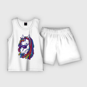 Детская пижама с шортами хлопок с принтом RastaUnicorn в Курске,  |  | color | dreads | glases | unicorn | дреды | единорог | конь | лошадь | очки | рог | уши | цветной