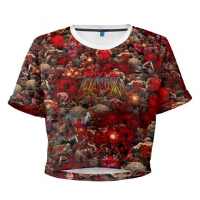 Женская футболка Cropp-top с принтом Brutal DooM в Курске, 100% полиэстер | круглая горловина, длина футболки до линии талии, рукава с отворотами | 