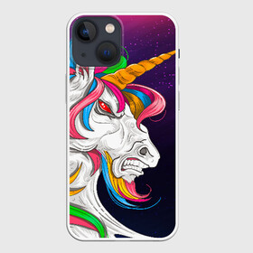 Чехол для iPhone 13 mini с принтом Angry Unicorn в Курске,  |  | Тематика изображения на принте: cosmos | hair | rainbow | stars | unicorn | волосы | глаза | единорог | злой | зубы | космос | лошадь | радуга