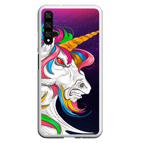 Чехол для Honor 20 с принтом Angry Unicorn в Курске, Силикон | Область печати: задняя сторона чехла, без боковых панелей | Тематика изображения на принте: cosmos | hair | rainbow | stars | unicorn | волосы | глаза | единорог | злой | зубы | космос | лошадь | радуга