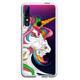 Чехол для Honor P Smart Z с принтом Angry Unicorn в Курске, Силикон | Область печати: задняя сторона чехла, без боковых панелей | Тематика изображения на принте: cosmos | hair | rainbow | stars | unicorn | волосы | глаза | единорог | злой | зубы | космос | лошадь | радуга