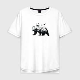 Мужская футболка хлопок Oversize с принтом Медведь в Курске, 100% хлопок | свободный крой, круглый ворот, “спинка” длиннее передней части | горы | медведь | минимализм | птицы