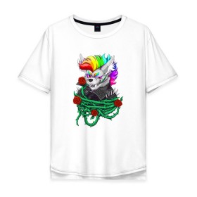 Мужская футболка хлопок Oversize с принтом Красочный Волчонок в Курске, 100% хлопок | свободный крой, круглый ворот, “спинка” длиннее передней части | Тематика изображения на принте: волк | краски | красочный волчонок | радуга | рисунок | розы | тернии | цветы