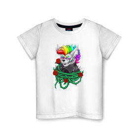 Детская футболка хлопок с принтом Красочный Волчонок в Курске, 100% хлопок | круглый вырез горловины, полуприлегающий силуэт, длина до линии бедер | волк | краски | красочный волчонок | радуга | рисунок | розы | тернии | цветы