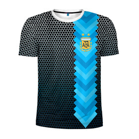 Мужская футболка 3D спортивная с принтом Аргентина форма  в Курске, 100% полиэстер с улучшенными характеристиками | приталенный силуэт, круглая горловина, широкие плечи, сужается к линии бедра | аргентина | атрибутика | бег | победа | поле | сборная | соты | спорт | узор | футбол