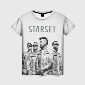 Женская футболка 3D с принтом Starset Band в Курске, 100% полиэфир ( синтетическое хлопкоподобное полотно) | прямой крой, круглый вырез горловины, длина до линии бедер | Тематика изображения на принте: logo | rock | starset | лого | рок | старсет