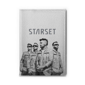 Обложка для автодокументов с принтом Starset Band в Курске, натуральная кожа |  размер 19,9*13 см; внутри 4 больших “конверта” для документов и один маленький отдел — туда идеально встанут права | Тематика изображения на принте: logo | rock | starset | лого | рок | старсет