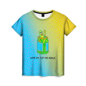 Женская футболка 3D с принтом Pickle Rick в Курске, 100% полиэфир ( синтетическое хлопкоподобное полотно) | прямой крой, круглый вырез горловины, длина до линии бедер | pickle | rick and morty | vdkovmar | банка | огурец | палец | прикол | рик и морти