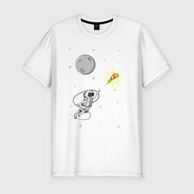 Мужская футболка премиум с принтом Пиццанавт в Курске, 92% хлопок, 8% лайкра | приталенный силуэт, круглый вырез ворота, длина до линии бедра, короткий рукав | астронавт | графика | еда | звезды | космонавт | космос | луна | пицца | рисунок