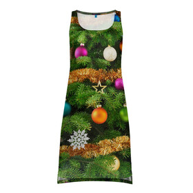 Платье-майка 3D с принтом Костюм ёлки в Курске, 100% полиэстер | полуприлегающий силуэт, широкие бретели, круглый вырез горловины, удлиненный подол сзади. | гирлянда | елка | ёлочные игрушки | ель | конфетти | мишура | новый год | пихта | снежинки | украшения | хвоя
