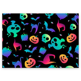 Поздравительная открытка с принтом Rainbow Halloween в Курске, 100% бумага | плотность бумаги 280 г/м2, матовая, на обратной стороне линовка и место для марки
 | diy | ghost | halloween | horror | makeup | scary | trick or treat | вампир | ведьма | кошка | луна | магия | новинки | ночь | тыква | хэллоуин