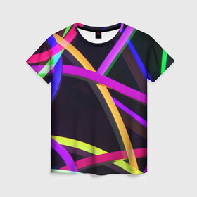 Женская футболка 3D с принтом Светящиеся полосы в Курске, 100% полиэфир ( синтетическое хлопкоподобное полотно) | прямой крой, круглый вырез горловины, длина до линии бедер | abstract | neon | абстрактно | абстрактный | абстракция | линии | неон | неонка | неоновая | неоновые | неоновый | полоски | полосы | разноцветные | светящиеся | цветные