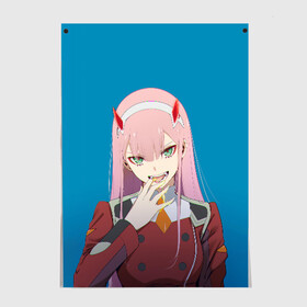 Постер с принтом Darling In The Franxx в Курске, 100% бумага
 | бумага, плотность 150 мг. Матовая, но за счет высокого коэффициента гладкости имеет небольшой блеск и дает на свету блики, но в отличии от глянцевой бумаги не покрыта лаком | 02 | anime | darling in the franxx | hiro | manga | zero two | аниме | ахегао | любимый во франксе | манга | милый во франксе | ноль два | хиро