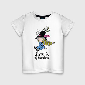 Детская футболка хлопок с принтом Алиса в стране чудес в Курске, 100% хлопок | круглый вырез горловины, полуприлегающий силуэт, длина до линии бедер | alice | dress | girl | hair | hat | rabbit | ribbon | tale | wings | алиса | бант | волосы | девочка | кролик | крылья | лицо | платье | сказка | шляпа