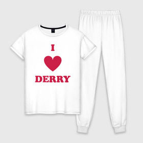 Женская пижама хлопок с принтом I Love Derry в Курске, 100% хлопок | брюки и футболка прямого кроя, без карманов, на брюках мягкая резинка на поясе и по низу штанин | Тематика изображения на принте: clown | derry | it | lover | pennywise | stephen king | дерри | клоун | оно | пеннивайз | стивен кинг