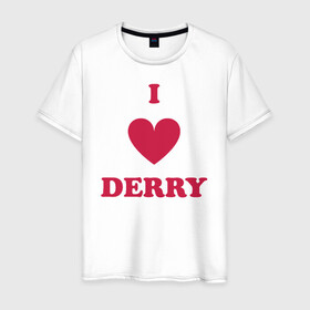 Мужская футболка хлопок с принтом I Love Derry в Курске, 100% хлопок | прямой крой, круглый вырез горловины, длина до линии бедер, слегка спущенное плечо. | Тематика изображения на принте: clown | derry | it | lover | pennywise | stephen king | дерри | клоун | оно | пеннивайз | стивен кинг