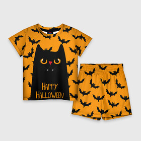 Детский костюм с шортами 3D с принтом Happy halloween в Курске,  |  | Тематика изображения на принте: halloween | horror | вампир | кот | кот вампир | котик | кошка | летучие мыши | мыши | пятница 13 | страшилки | страшно | ужасы | хоррор | хэллоуин