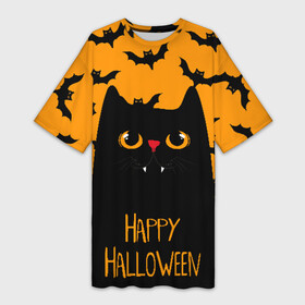 Платье-футболка 3D с принтом Happy halloween в Курске,  |  | Тематика изображения на принте: halloween | horror | вампир | кот | кот вампир | котик | кошка | летучие мыши | мыши | пятница 13 | страшилки | страшно | ужасы | хоррор | хэллоуин