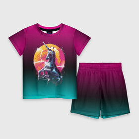 Детский костюм с шортами 3D с принтом РЕТРО ЕДИНОРОГ НЕОН в Курске,  |  | hotline miami | neon | outrun | outrun electro | retro | retrowave | synth | synthwave | неон | ретро | хотлайн майами