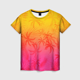Женская футболка 3D с принтом РЕТРО ПАЛЬМЫ в Курске, 100% полиэфир ( синтетическое хлопкоподобное полотно) | прямой крой, круглый вырез горловины, длина до линии бедер | hotline miami | neon | new retro wave | outrun | outrun electro | paints | palmen | rainbow | retro | retrowave | summer | synth | synthwave | tropical | брызги | брызги красок | звёзды | космос | краски | лето | неон | пальмы | радуга | 