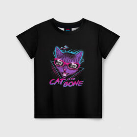 Детская футболка 3D с принтом Cat To The Bone в Курске, 100% гипоаллергенный полиэфир | прямой крой, круглый вырез горловины, длина до линии бедер, чуть спущенное плечо, ткань немного тянется | 80 | bone | bones | cat | cyber | game | hotline | hotlinemiami | maiami | music | outrun | retro | retrowave | skull | synth | synthwave | игра | кибер | кот | кошка | ретро | череп
