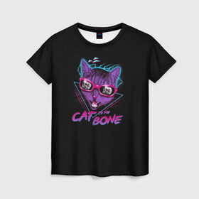 Женская футболка 3D с принтом Cat To The Bone в Курске, 100% полиэфир ( синтетическое хлопкоподобное полотно) | прямой крой, круглый вырез горловины, длина до линии бедер | Тематика изображения на принте: 80 | bone | bones | cat | cyber | game | hotline | hotlinemiami | maiami | music | outrun | retro | retrowave | skull | synth | synthwave | игра | кибер | кот | кошка | ретро | череп