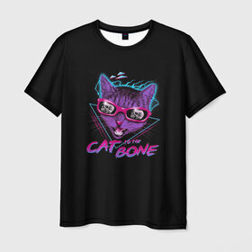 Мужская футболка 3D с принтом Cat To The Bone в Курске, 100% полиэфир | прямой крой, круглый вырез горловины, длина до линии бедер | Тематика изображения на принте: 80 | bone | bones | cat | cyber | game | hotline | hotlinemiami | maiami | music | outrun | retro | retrowave | skull | synth | synthwave | игра | кибер | кот | кошка | ретро | череп